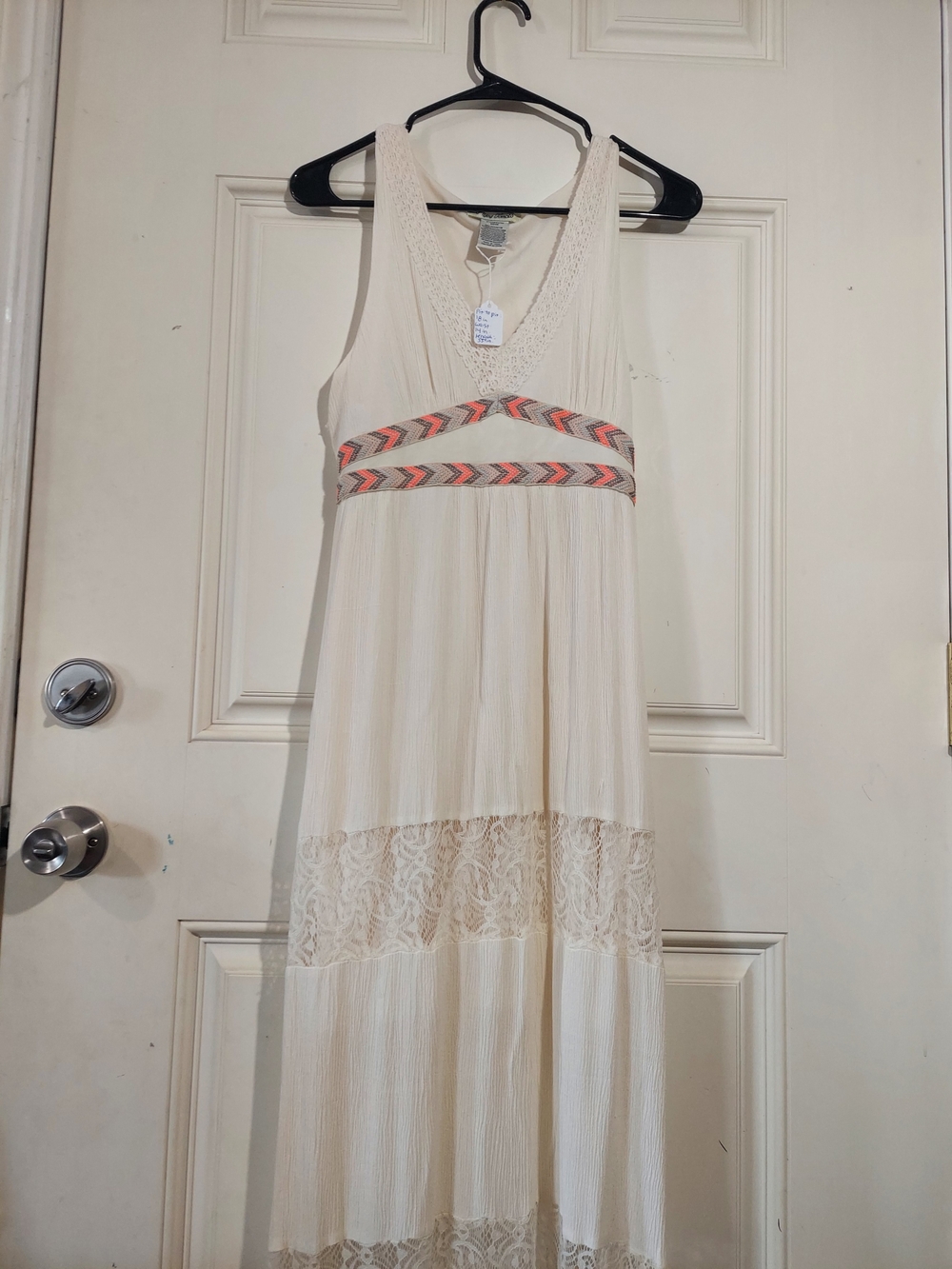 Flying Tomato Boho Lace-Trim Maxi Dress with Coral Embroidered Accent Medium